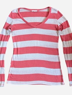 Y2K pink and white striped long sleeve v-neck top